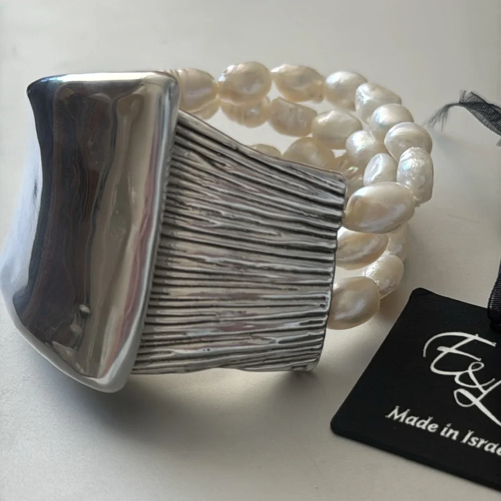 E&L 925 Sterling Silver Israel Fresh Water Pearl Electroform Magnetic Bracelet